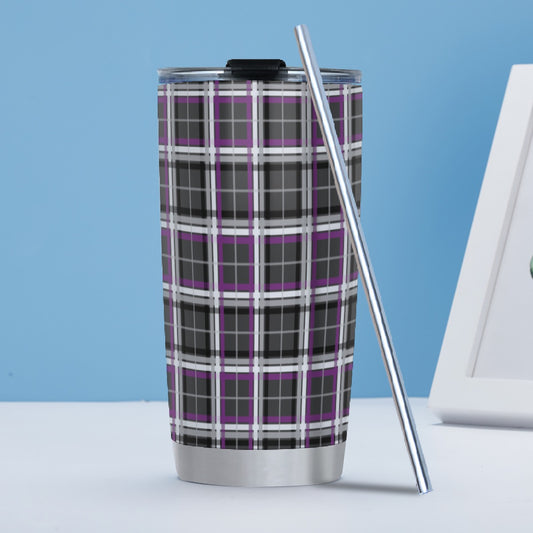 Asexual/Charcoal Tartan Plaid Hot/Cold Tumbler with Steel Straw (20oz )