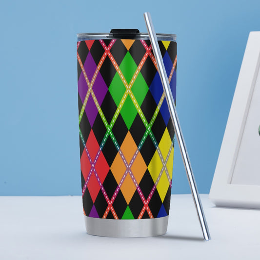 Rainbow Argyle with Gradient Lines Hot/Cold Tumbler with Steel Straw (20oz )