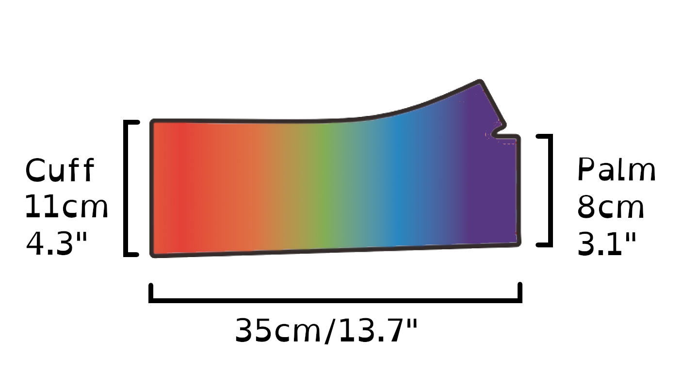 Size Chart. Cuff: 11cm/4.3" Length: 35cm/13.7" Palm: 8cm/3.1"