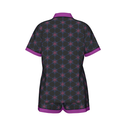 Geometric Spiderweb Patterned Faux Silk Pajama Set with Shorts | Choose Your Colourway