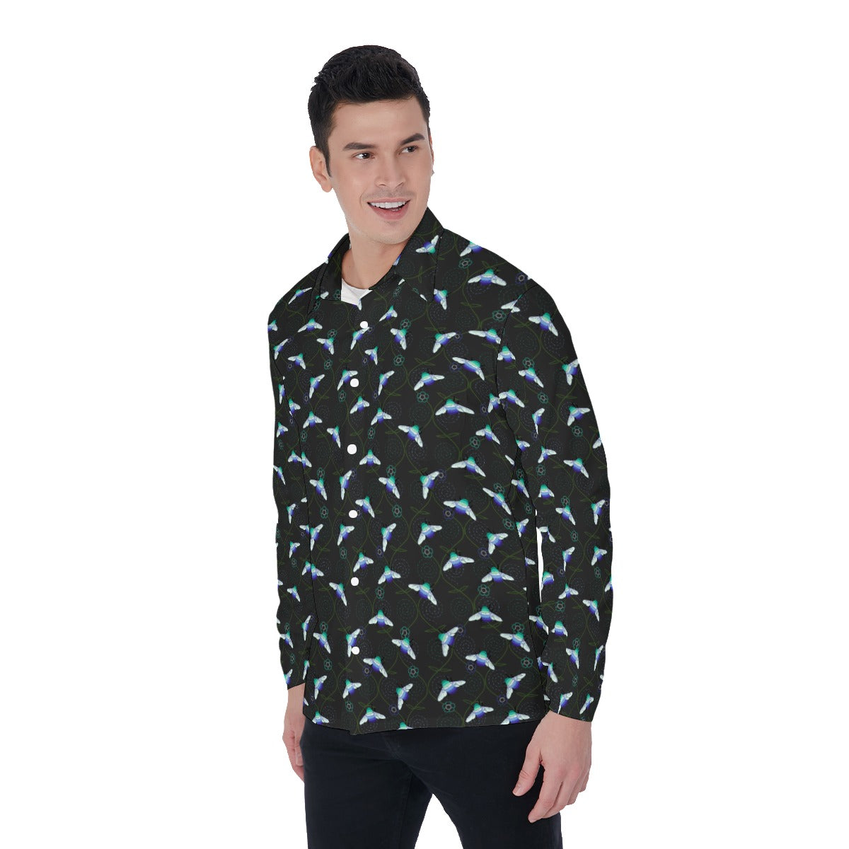 Bumblebee and Vine Pattern 4-Way Stretch Long Sleeve Shirt with Collar | Relaxed Fit | Choose Your Colourway
