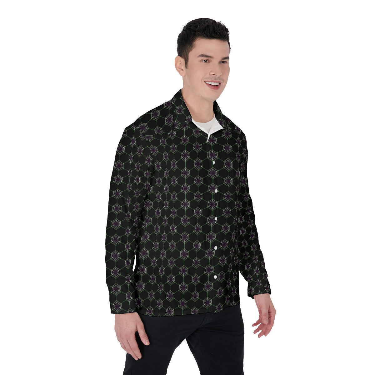 Geometric Spiderweb Pattern 4-Way Stretch Long Sleeve Shirt with Collar | Relaxed Fit | Choose Your Colourway