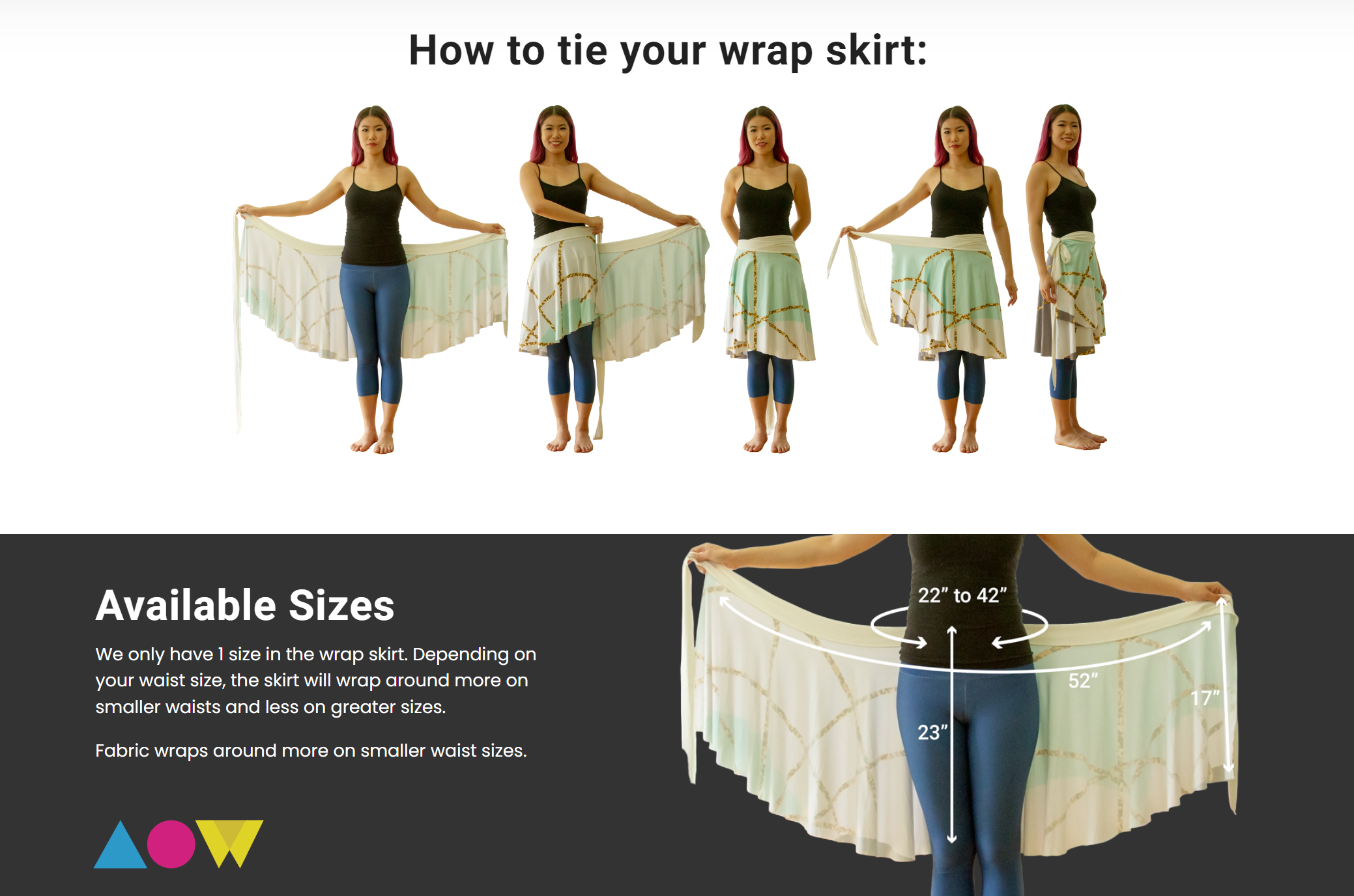 Diagram of how to tie the wrap skirt. Below: diagram of measurements for one-size skirt.