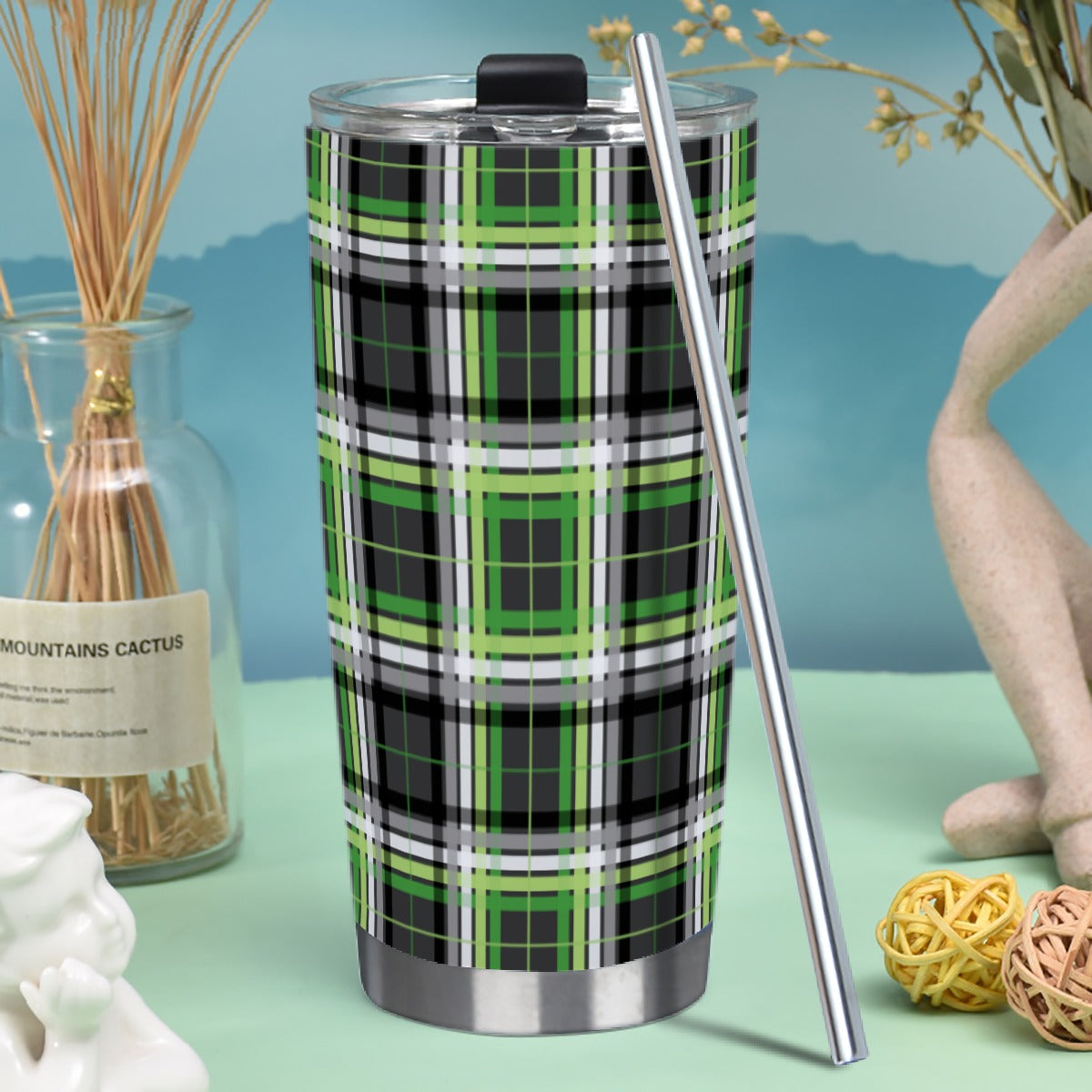 Aromantic/Charcoal Tartan Plaid Hot/Cold Tumbler with Steel Straw (20oz )