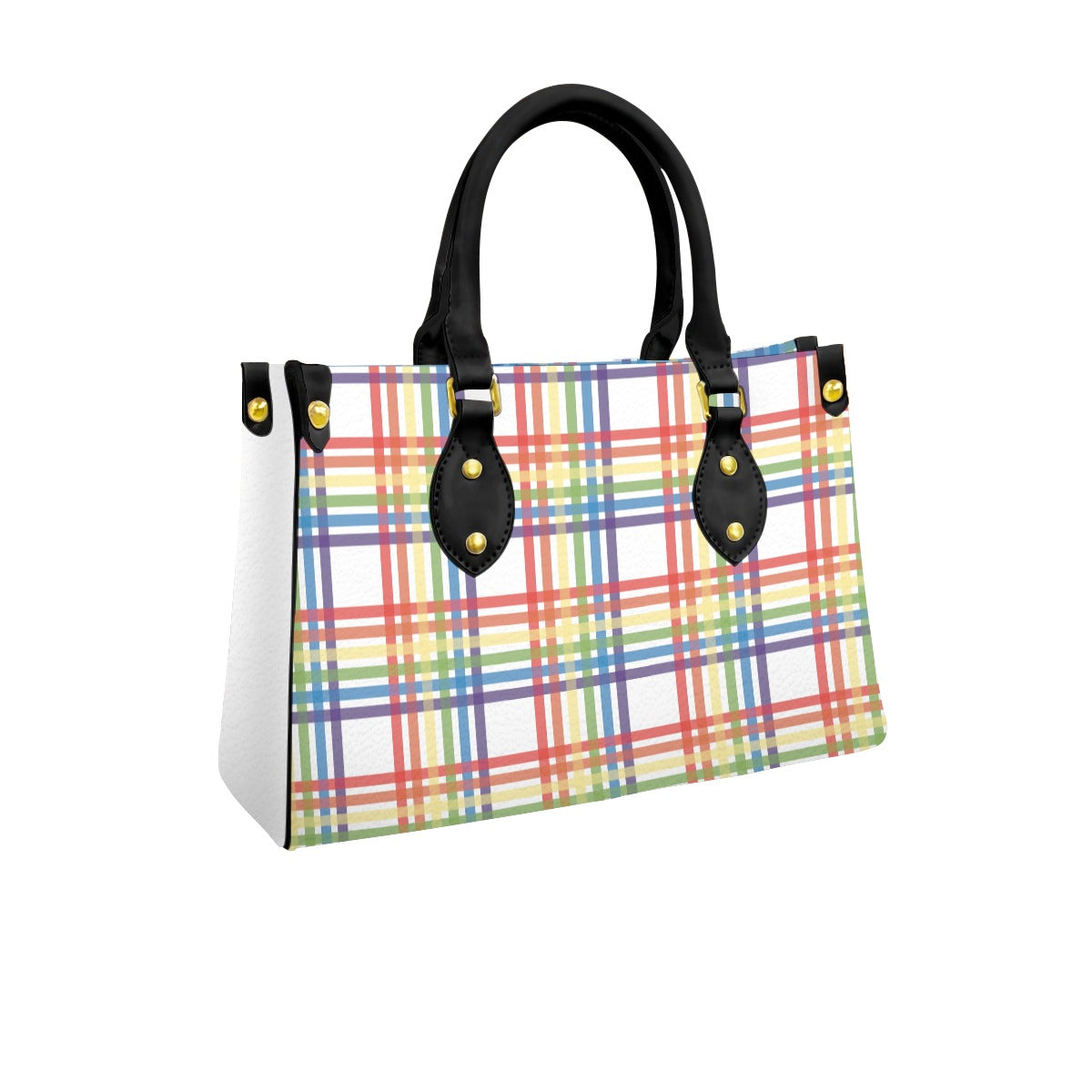 Muted Rainbow/White Tartan Plaid Tote Bag with Black Handles and Zippered Pockets