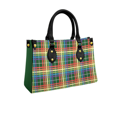 Muted Rainbow/Pine Tartan Plaid Tote Bag with Black Handles and Zippered Pockets