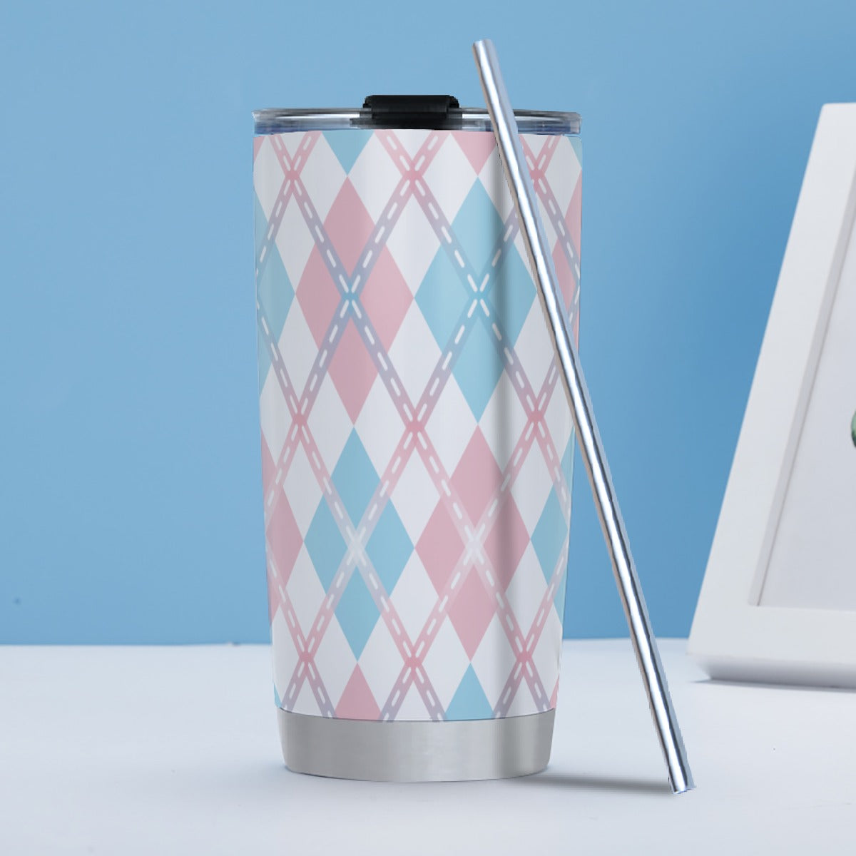 Transgender Argyle with Gradient Lines Hot/Cold Tumbler with Steel Straw (20oz )