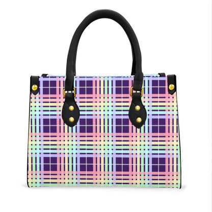 Pastel Rainbow/Eggplant Tartan Plaid Tote Bag with Black Handles and Zippered Pockets