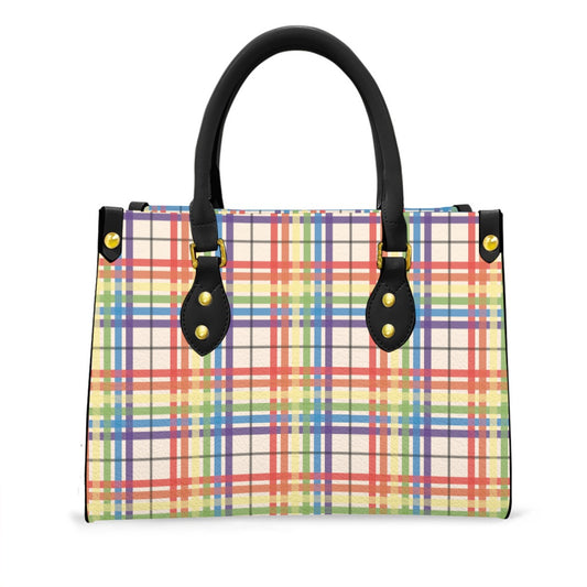 Muted Rainbow/Buttermilk Tartan Plaid Tote Bag with Black Handles and Zippered Pockets