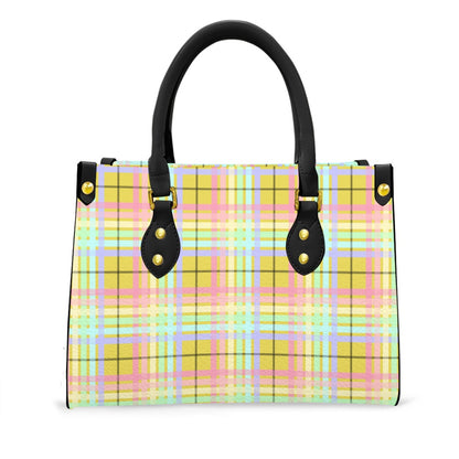 Pastel Rainbow/Citrus Spice Tartan Plaid Tote Bag with Black Handles and Zippered Pockets