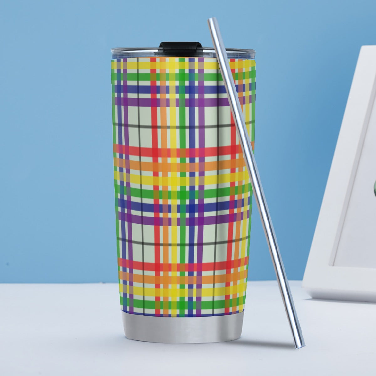 Rainbow/Celadon Tartan Plaid Hot/Cold Tumbler with Steel Straw (20oz )