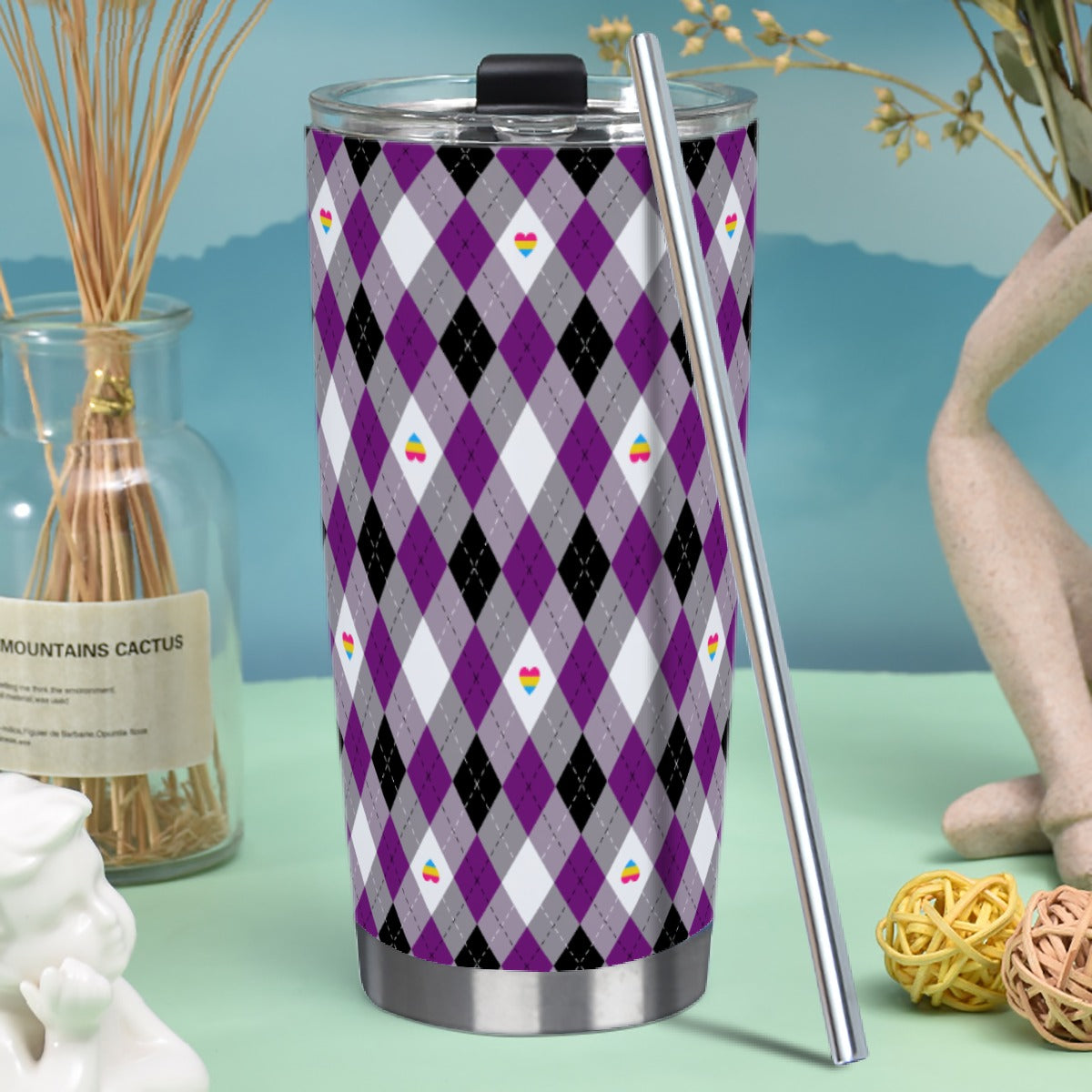 Asexual Panromantic Argyle Hot/Cold Tumbler with Steel Straw (20oz )