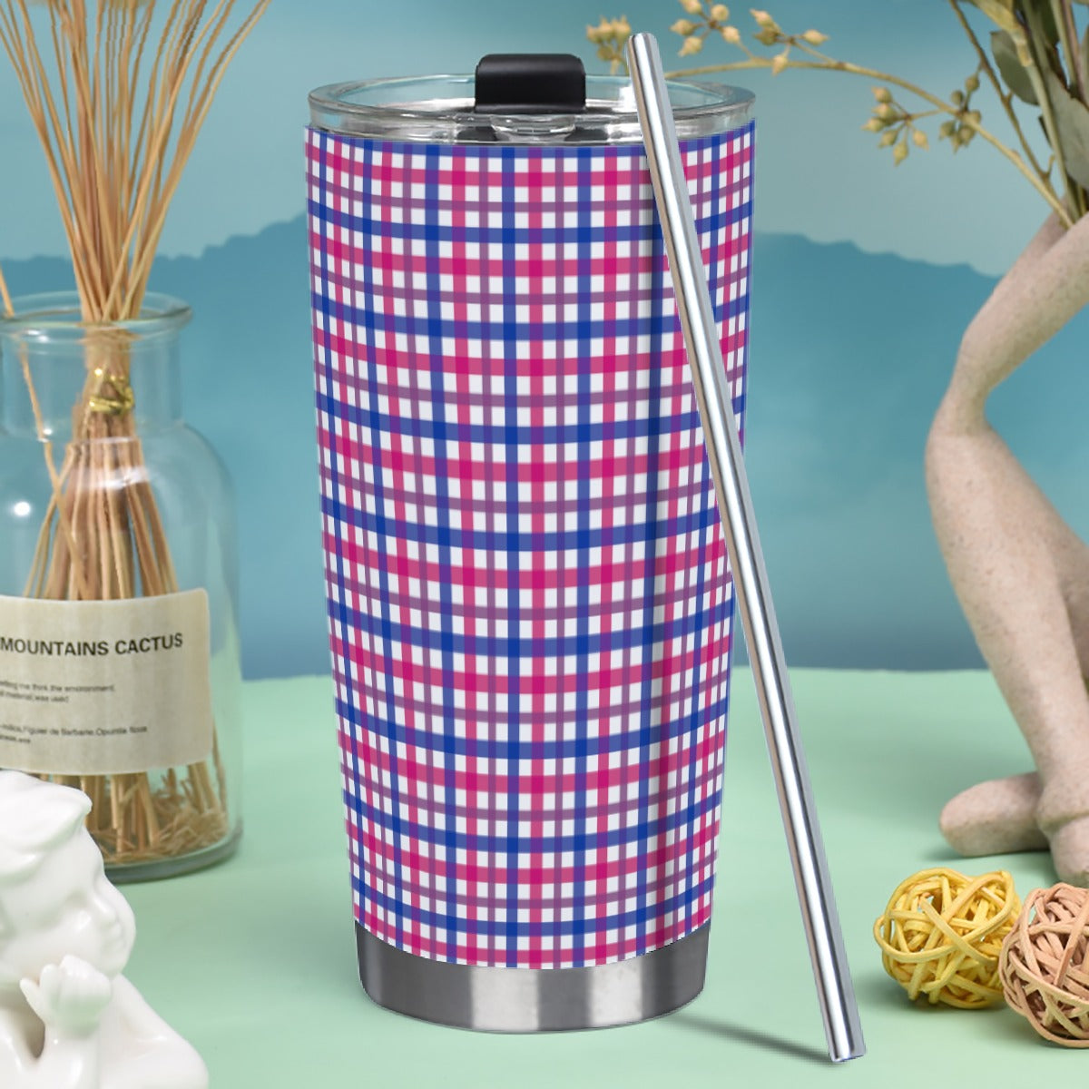 Bisexual Gingham Plaid Hot/Cold Tumbler with Steel Straw (20oz )