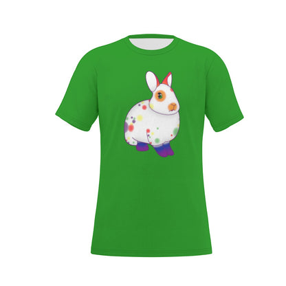 Rainbow Spotted Bunny with Green Background Relaxed Fit O-Neck T-Shirt