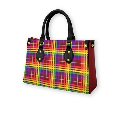 Rainbow/Japanese Maple Tartan Plaid Tote Bag with Black Handles and Zippered Pockets