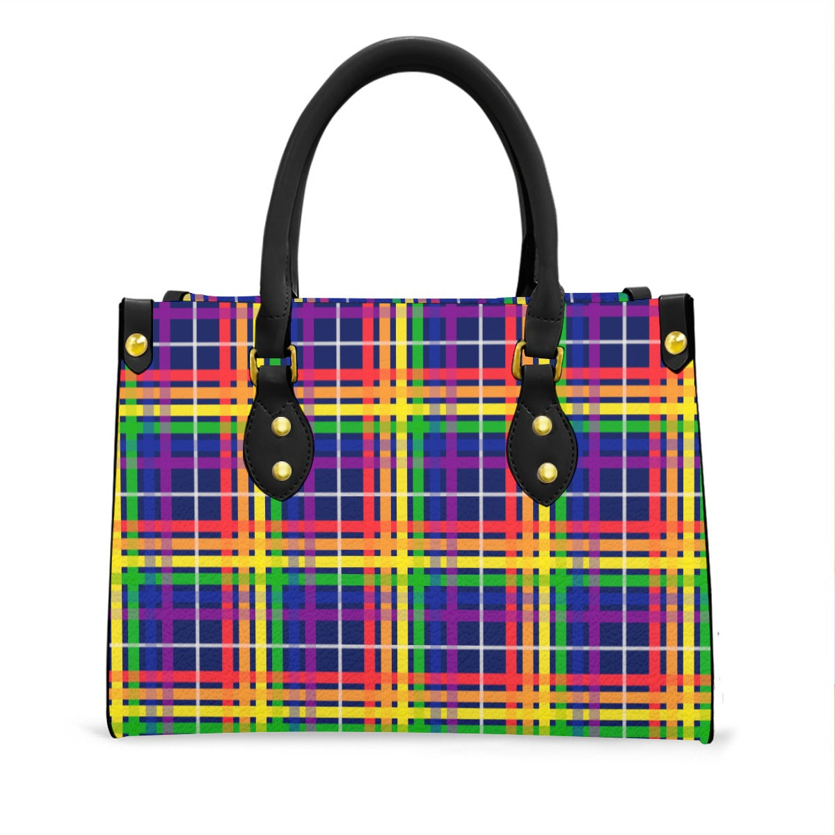 Rainbow/Interstellar Tartan Plaid Tote Bag with Black Handles and Zippered Pockets