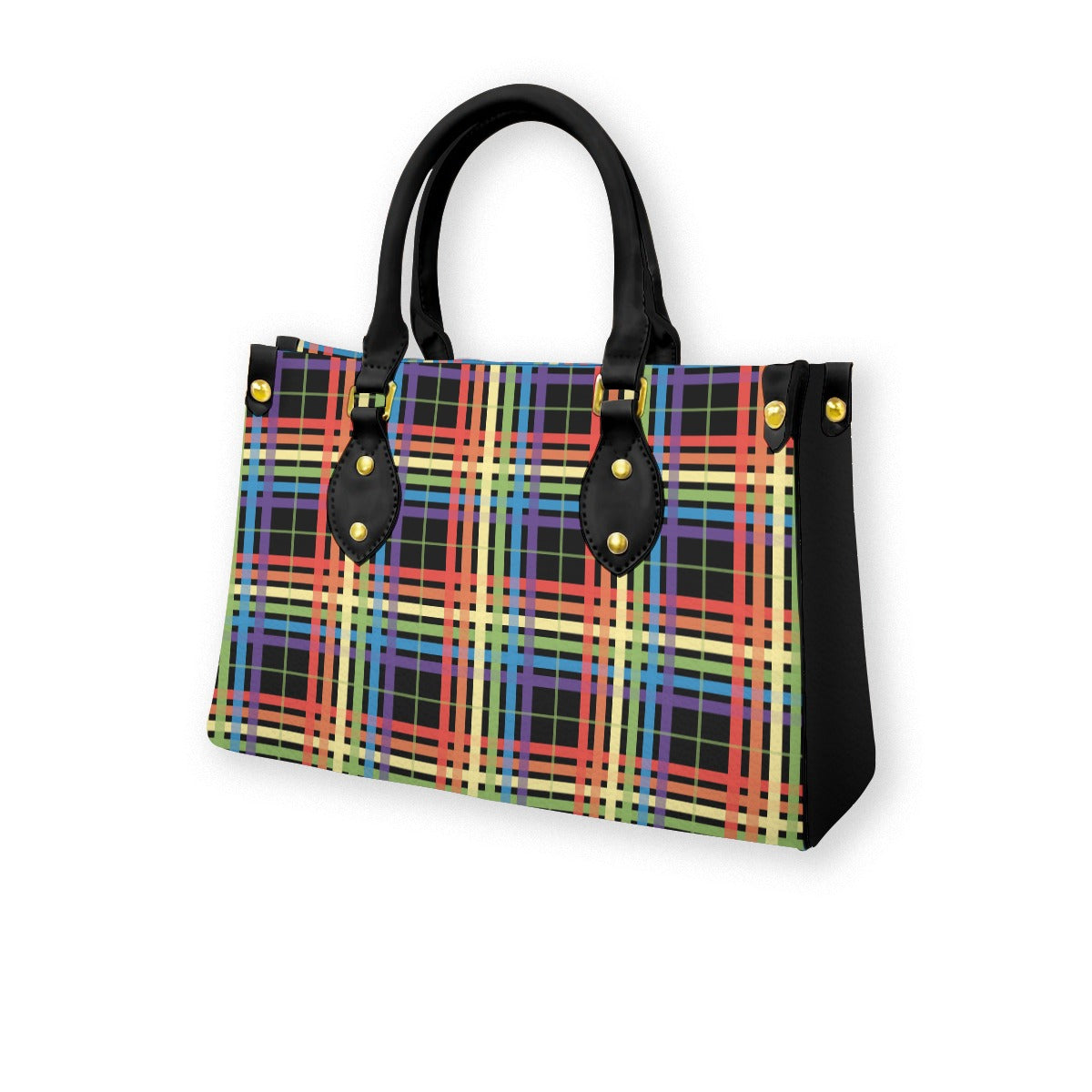 Muted Rainbow/Black Tartan Plaid Tote Bag with Black Handles and Zippered Pockets