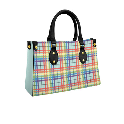 Muted Rainbow/Aqua Tartan Plaid Tote Bag with Black Handles and Zippered Pockets