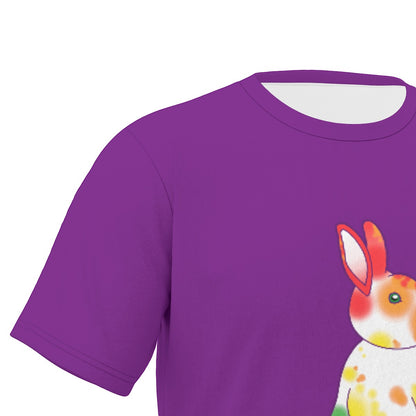 Rainbow Nosy Neighbour Bunny with Purple Background Relaxed Fit O-Neck T-Shirt