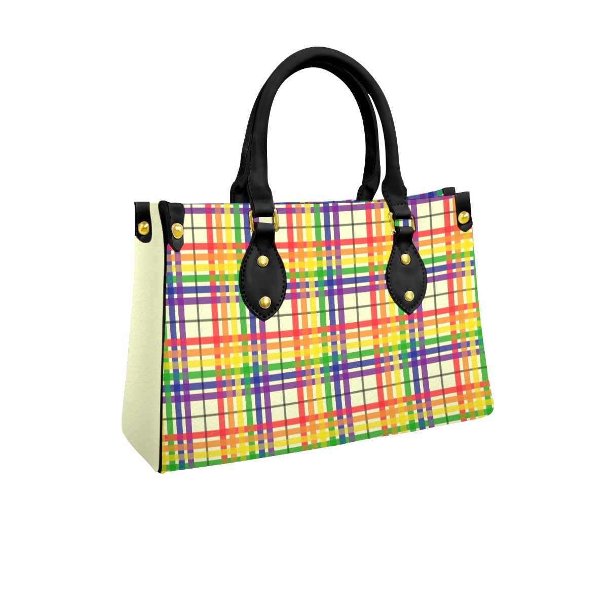 Rainbow/Lemon Chiffon Tartan Plaid Tote Bag with Black Handles and Zippered Pockets