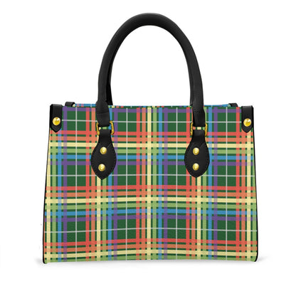 Muted Rainbow/Pine Tartan Plaid Tote Bag with Black Handles and Zippered Pockets