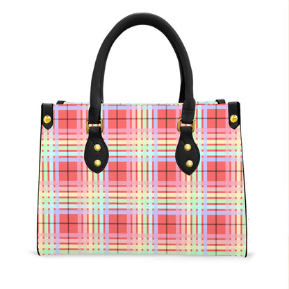 Pastel Rainbow/Rich Salmon Tartan Plaid Tote Bag with Black Handles and Zippered Pockets