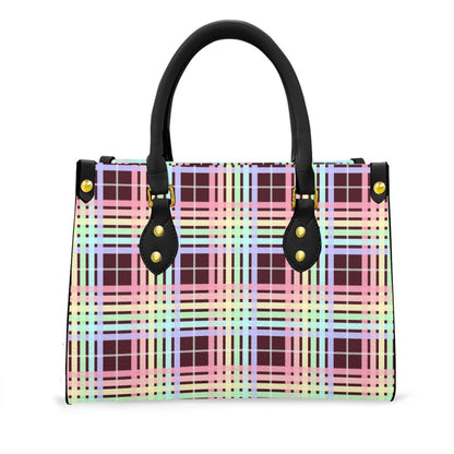 Pastel Rainbow/Deep Maroon Tartan Plaid Tote Bag with Black Handles and Zippered Pockets