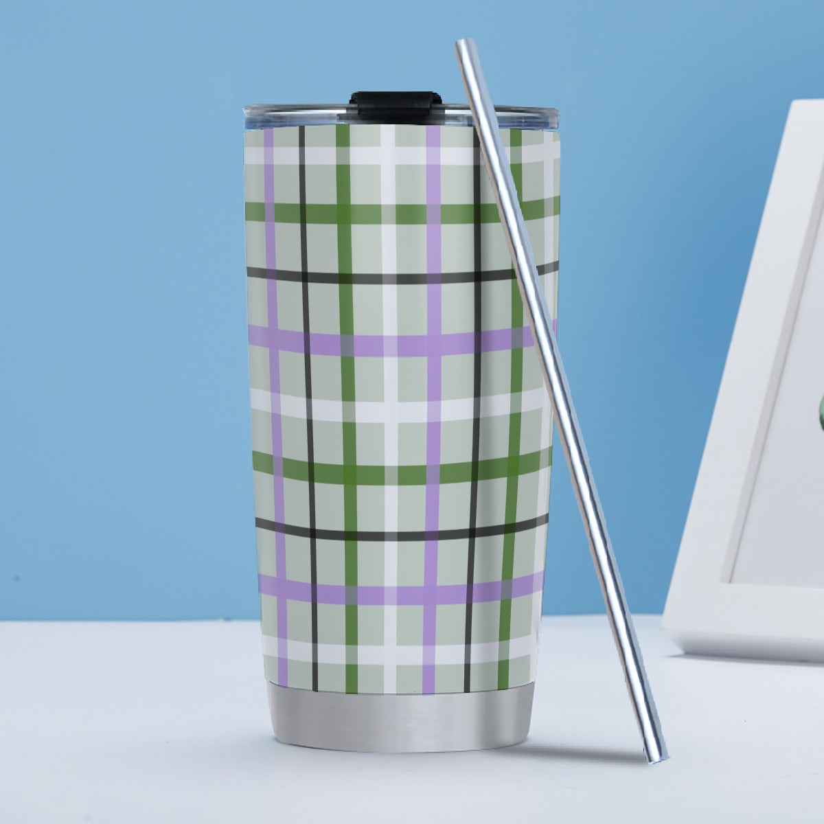 Genderqueer/Sage Tartan Plaid Hot/Cold Tumbler with Steel Straw (20oz )