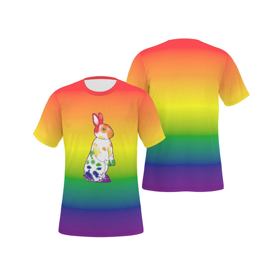 Rainbow Nosy Neighbour Bunny with Gradient Background Relaxed Fit O-Neck T-Shirt