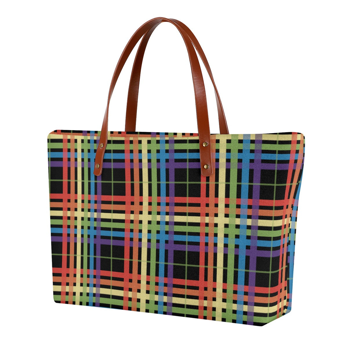 Muted Rainbow/Black Tartan Plaid Zippered Neoprene Tote Bag