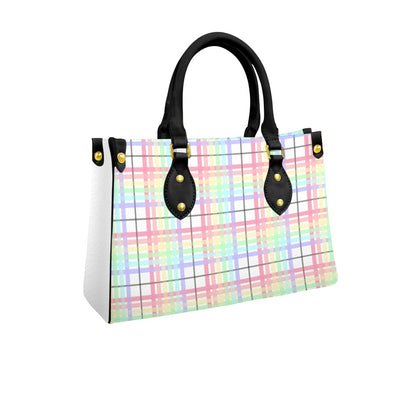 Pastel Rainbow/White Tartan Plaid Tote Bag with Black Handles and Zippered Pockets