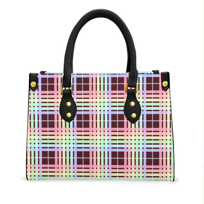 Pastel Rainbow/Deep Maroon Tartan Plaid Tote Bag with Black Handles and Zippered Pockets