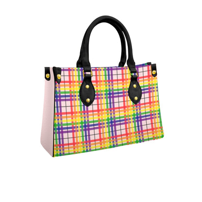 Rainbow/Tartlet Tartan Plaid Tote Bag with Black Handles and Zippered Pockets