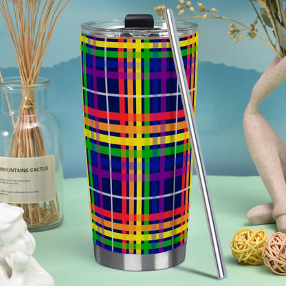 Rainbow/Interstellar Tartan Plaid Hot/Cold Tumbler with Steel Straw (20oz )