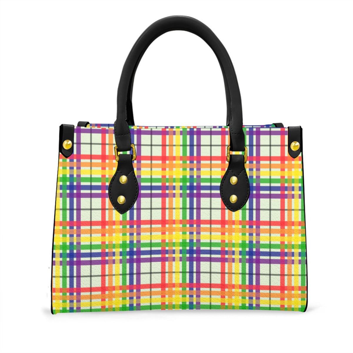 Rainbow/Celadon Tartan Plaid Tote Bag with Black Handles and Zippered Pockets