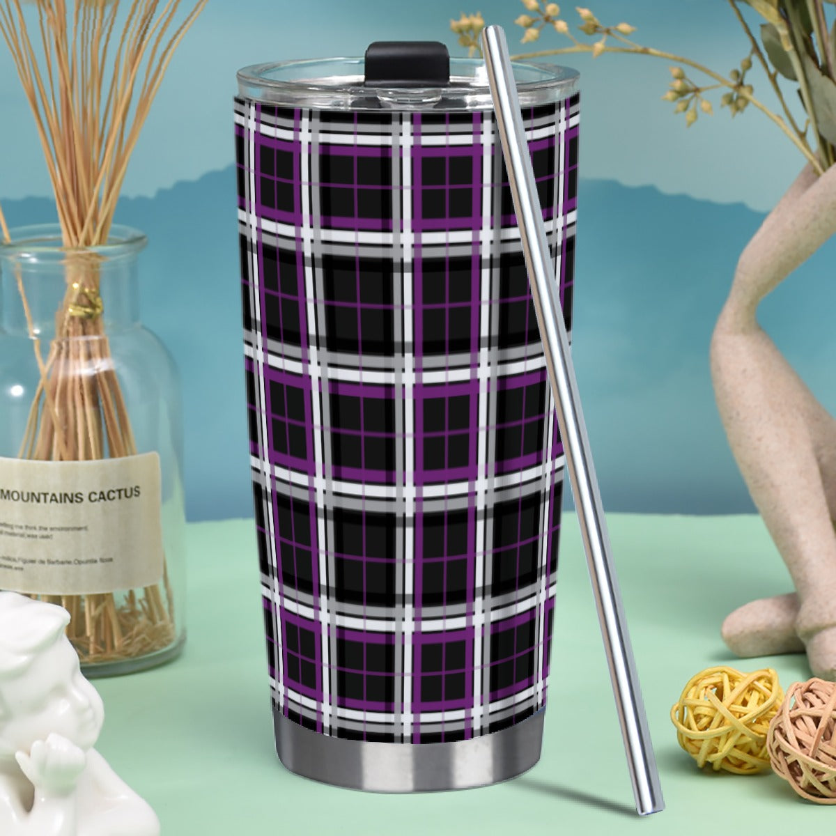 Asexual/Black Tartan Plaid Hot/Cold Tumbler with Steel Straw (20oz )