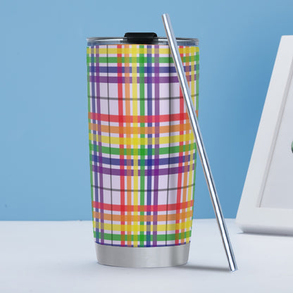 Rainbow/Lavender Tartan Plaid Hot/Cold Tumbler with Steel Straw (20oz )