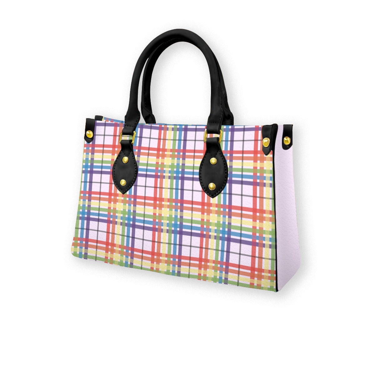 Muted Rainbow/Lavender Tartan Plaid Tote Bag with Black Handles and Zippered Pockets