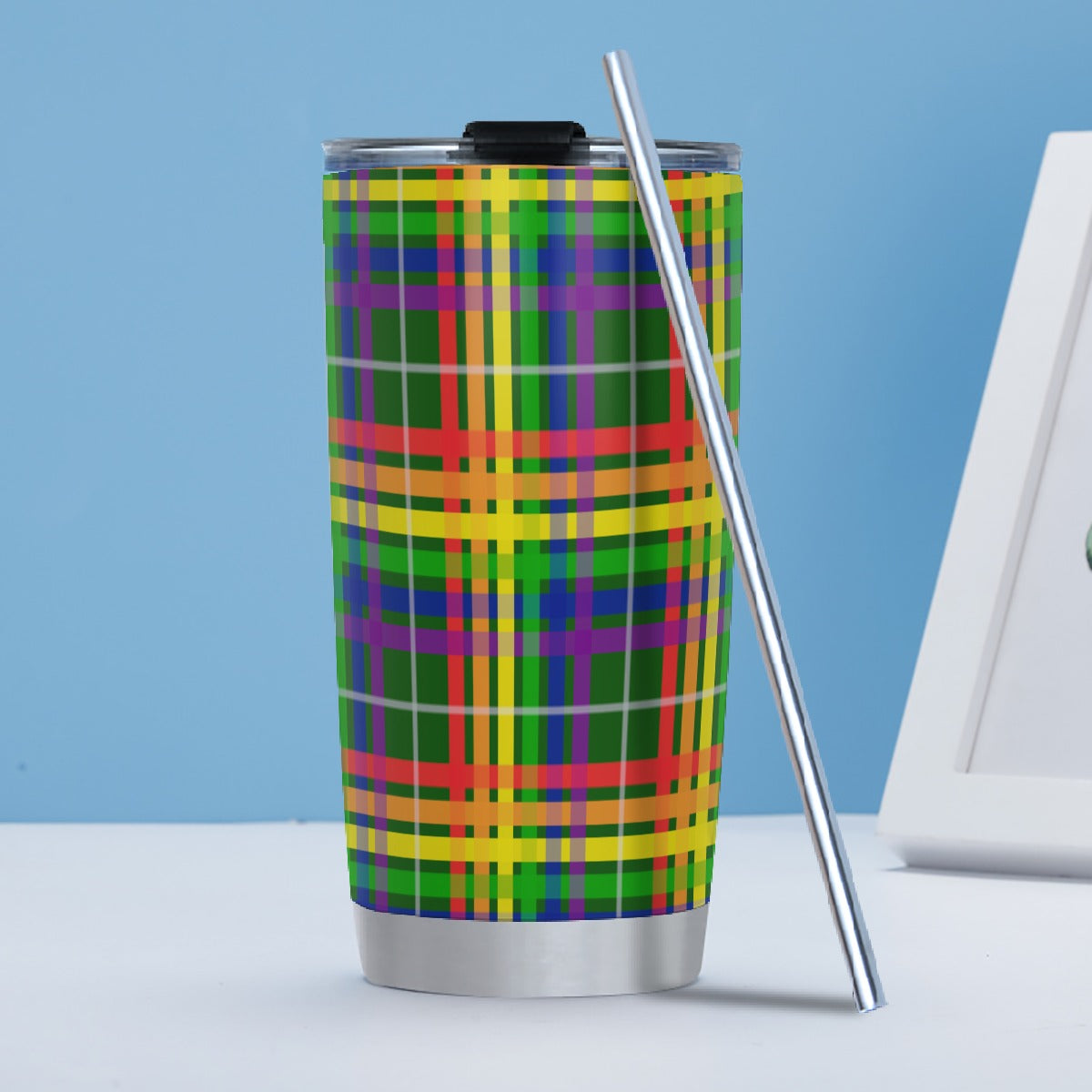 Rainbow/Myrtle Tartan Plaid Hot/Cold Tumbler with Steel Straw (20oz )