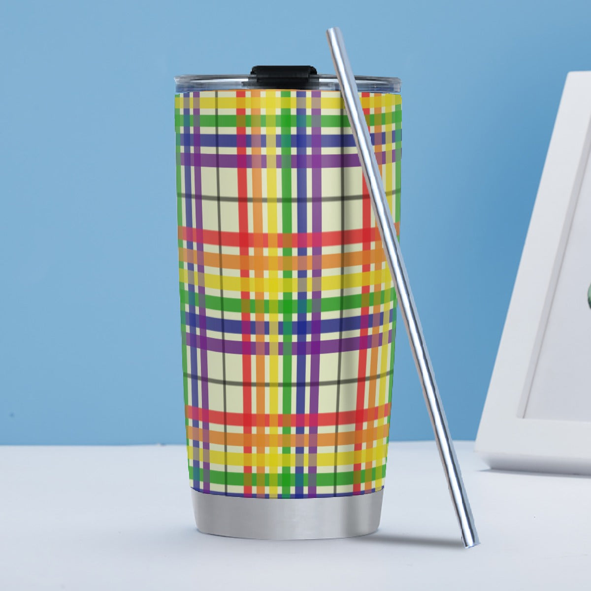 Rainbow/Lemon Chiffon Tartan Plaid Hot/Cold Tumbler with Steel Straw (20oz )