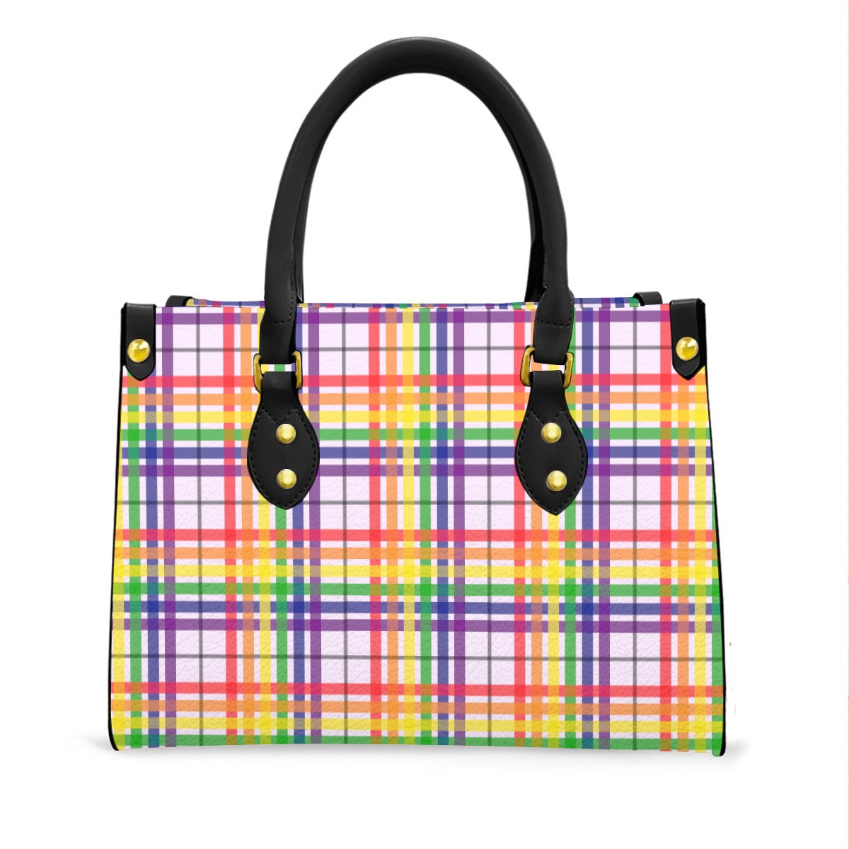 Rainbow/Lavender Tartan Plaid Tote Bag with Black Handles and Zippered Pockets