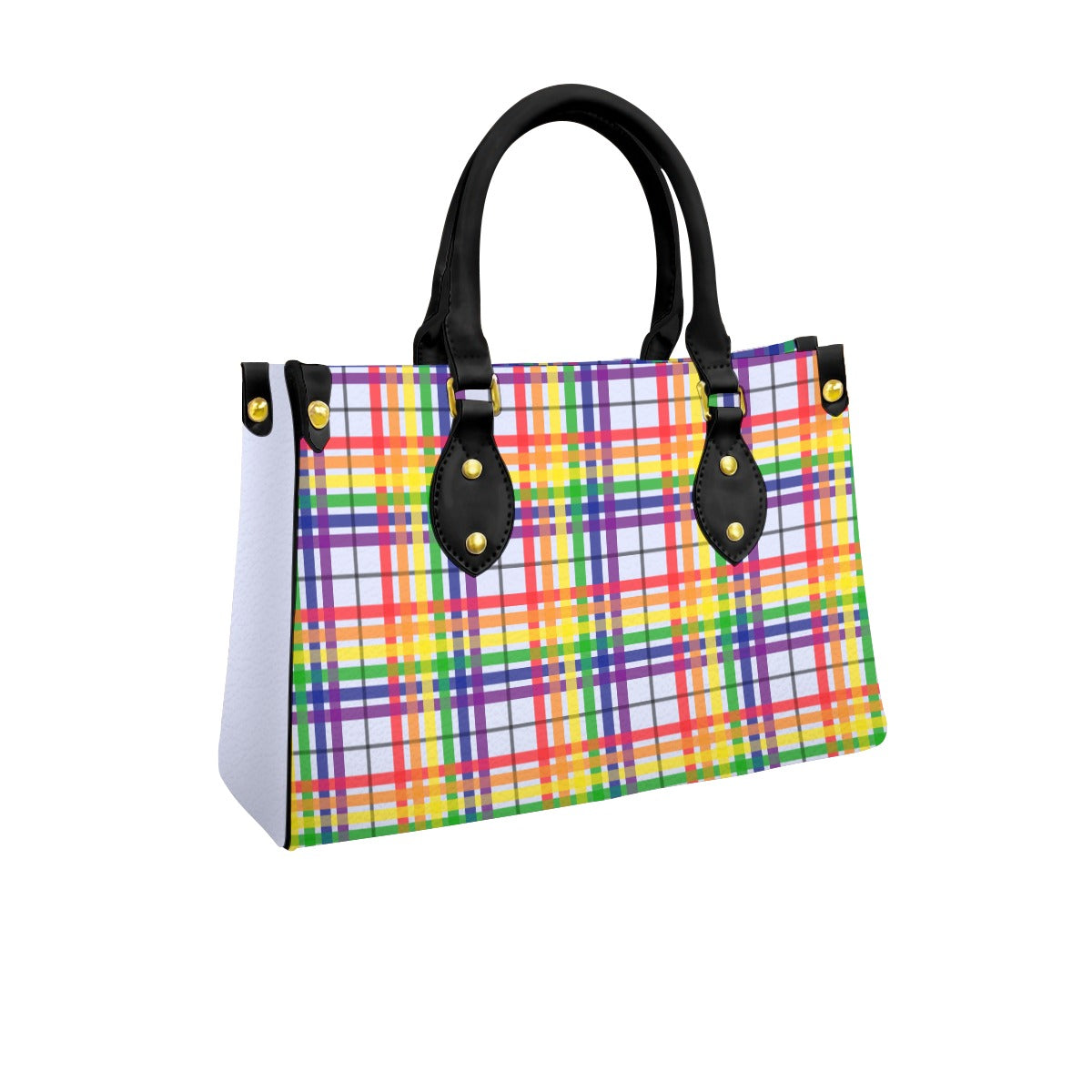 Rainbow/Icy Plains Tartan Plaid Tote Bag with Black Handles and Zippered Pockets