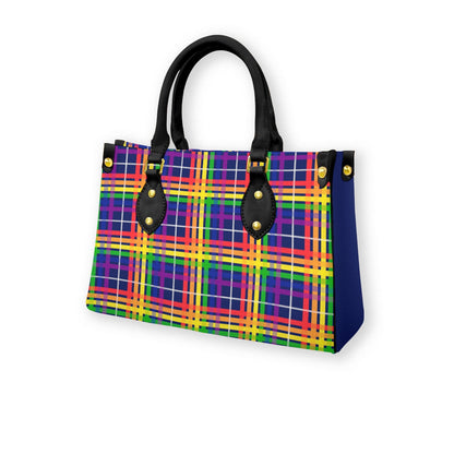 Rainbow/Interstellar Tartan Plaid Tote Bag with Black Handles and Zippered Pockets