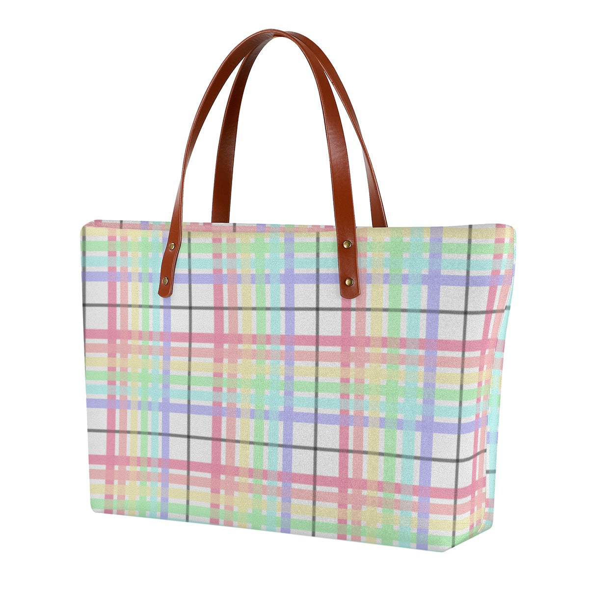 Pastel Rainbow/White Tartan Plaid Zippered Neoprene Tote Bag
