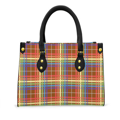 Muted Rainbow/Spice Tartan Plaid Tote Bag with Black Handles and Zippered Pockets