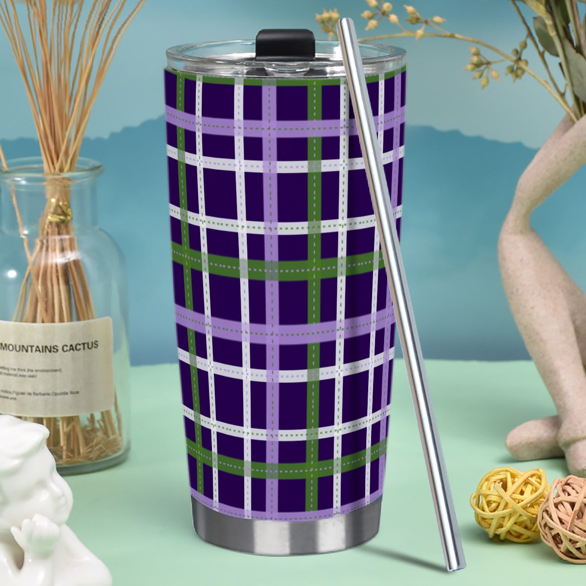 Genderqueer/Eggplant Tartan Plaid Hot/Cold Tumbler with Steel Straw (20oz )