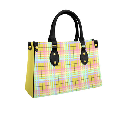 Pastel Rainbow/Citrus Spice Tartan Plaid Tote Bag with Black Handles and Zippered Pockets