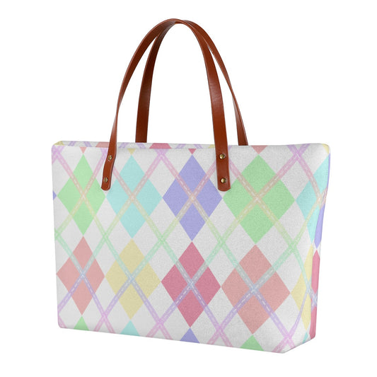 Pastel Rainbow/ White Solid Argyle Zippered Neoprene Tote Bag