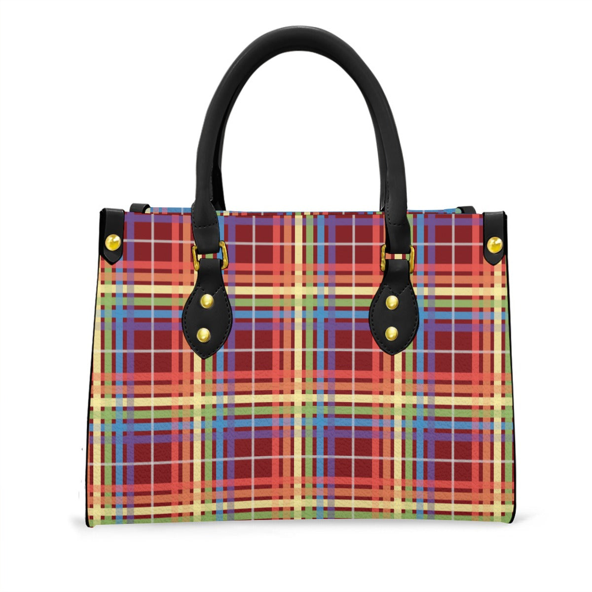 Muted Rainbow/Japanese Maple Tartan Plaid Tote Bag with Black Handles and Zippered Pockets