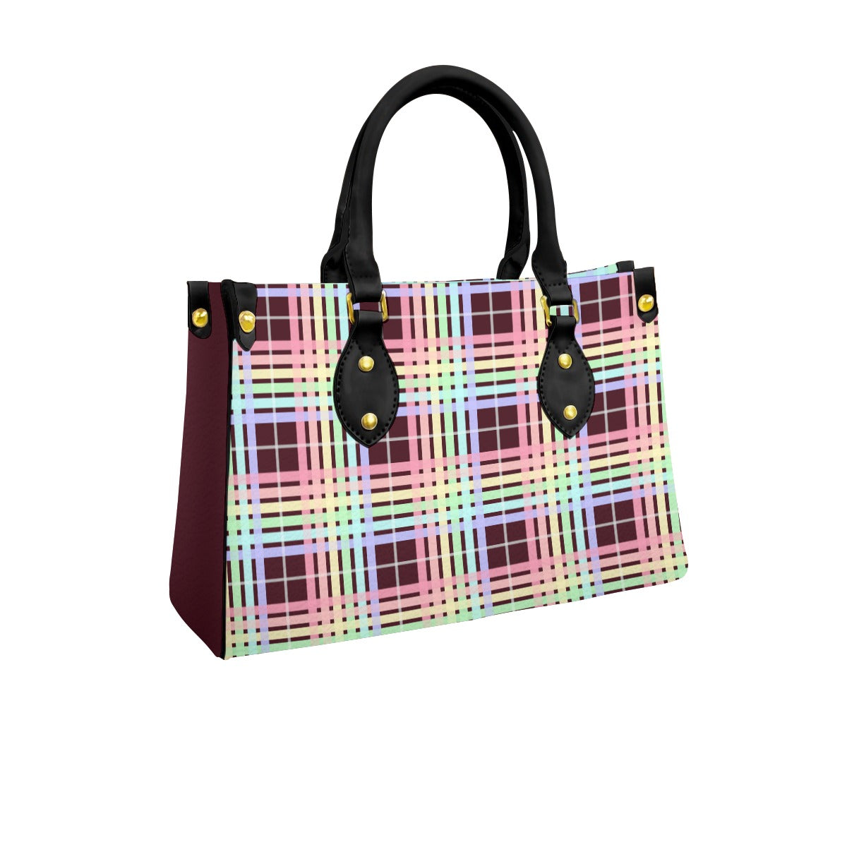 Pastel Rainbow/Deep Maroon Tartan Plaid Tote Bag with Black Handles and Zippered Pockets